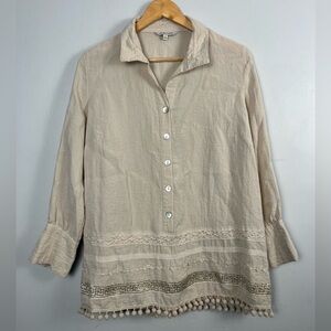 John Mark Women’s Tunic Blouse Beige Boho Pom Pom Trim Top Blouse Embellished S